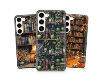 May include: Three phone cases with a bookshelf design. The cases feature detailed illustrations of bookshelves filled with books, bottles, and decorative elements. The color palette includes shades of brown, green, and gold.