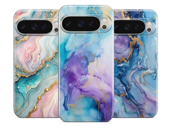 May include: Three phone cases with abstract marble designs. The cases feature a variety of colors, including teal, pink, purple, and blue, with gold accents. The cases have a glossy finish and are designed to fit a specific phone model.