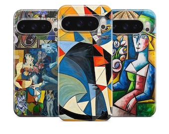 May include: Three phone cases with colorful abstract art designs. The cases feature artwork with a variety of colors, including blue, yellow, red, and black. The designs appear to be inspired by modern art.