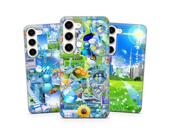 May include: Three phone cases with vibrant, colorful designs. The cases feature a collage of images including fish, a sunflower, a globe, and a cityscape. The cases are likely made of plastic and are designed to protect the phone.