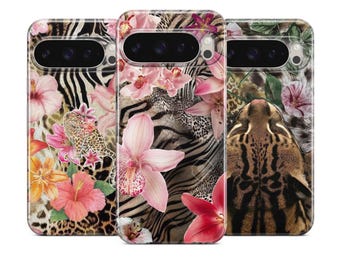 May include: Three phone cases with vibrant animal print designs. One features a zebra pattern with pink flowers, another showcases a leopard print with orchids, and the third displays a tiger's face with floral accents. The cases have a glossy finish.