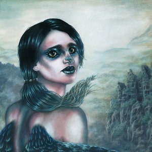 May include: A painting of a woman with dark hair and blue eyes, wearing a feathered headdress and a dark blue and green feathered cloak. She is looking off to the side, and the background is a misty landscape with ruins in the distance.