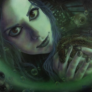 May include: A woman with dark blue hair and dark eye makeup holds a brown snake in her hands. The background is a dark green with swirling patterns and floating eyeballs.