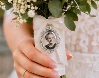 Personalized Photo Charm, Bridal Bouquet Memorial Keepsake, White Ribbon, Custom Gift for Bride, Wedding Morning Gift, Something Old