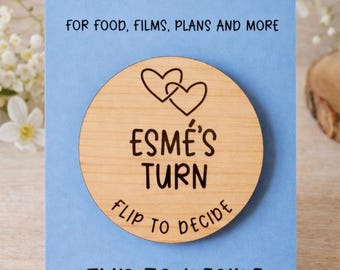 Personalised Decision Coin on Gift Card | Wooden Flip to Decide | Custom Name Gift | Anniversary Date Night | Movie Night Decision Maker