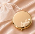 Personalized Compact Mirror, Custom Name Heart Mirror With Back Text, Organza Bag, Bridesmaid Bride Mum Sister Gift, Gold Rose Silver Black