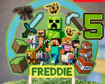 Personalised Pixel Game Cake Topper | 2D or 3D Block Building Birthday | Custom Name & Age | Mining Crafting Party | Gamer Theme Decor
