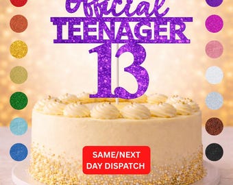 Teenager 13th Birthday Cake Topper | 13th Birthday Party Decor | Glitter Cake Decoration | 13 Years Old Birthday | Party Sign | Card