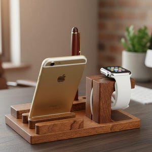 May include: Wooden desk organizer with slots for a smartphone, a pen, and a smartwatch. The organizer is made of dark wood and features a gold smartphone, a brown pen, and a white smartwatch.