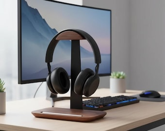 Soporte moderno de madera para auriculares con marco de aluminio y portalápices / Organizador de escritorio elegante P42