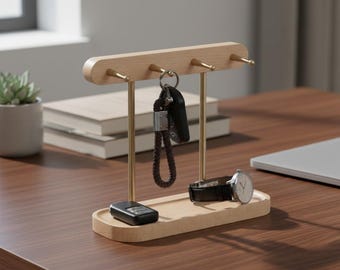 Wooden Key Hook Rack with Brass Hangers | Watch & Jewelry Storage Organizer P45