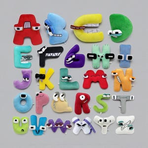 Peut inclure: Un ensemble de lettres de l'alphabet en peluche colorées disposées sur un fond gris. Chaque lettre est d'une couleur différente et possède des yeux et une bouche de style dessin animé. Les lettres sont dans un style ludique et adapté aux enfants.