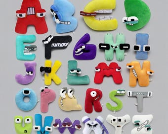May include: A collection of colorful, plush alphabet letters arranged on a gray background. Each letter is a different color and has cartoon-like eyes and a mouth. The letters are in a playful, child-friendly style.