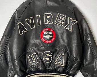 Avirex USA Eagle Patch Leather Bomber Jacket: Varsity Aviation Streetwear