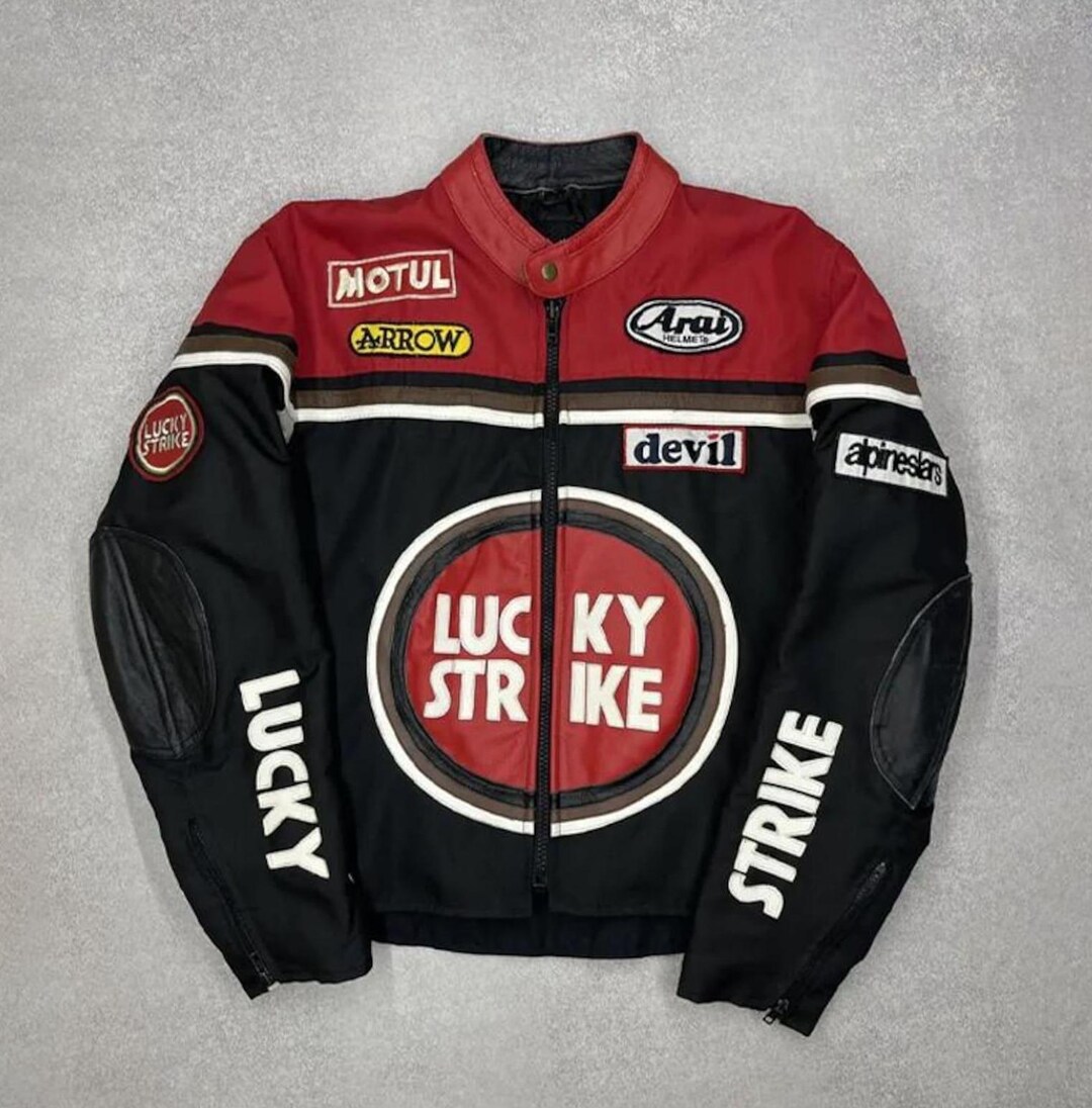 Lucky Strike Racing Leather Motorcycle Jacket, Cowhide Biker Motogp ...