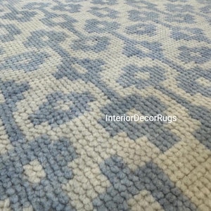 Blå Oushak-matta 8x10, Vintagematta i turkisk stil, Handknuten ullmatta, Mjuk blå elfenbensmatta, Geometriskt mönstermatta, Vardagsrum