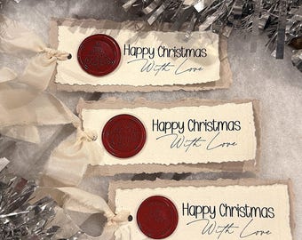Handmade Christmas Gift Tags: Wax Seal, Silk Ribbon, Cotton Rag Paper (Set of 3)