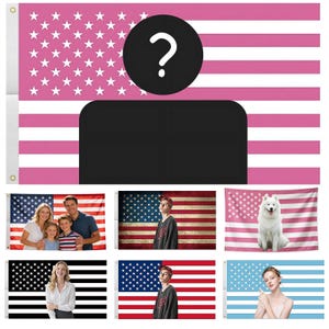 May include: A pink American flag with white stars and pink stripes. A black circle with a white question mark is centered above a black rectangle. The image is of a flag.