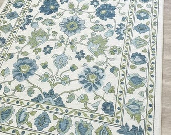 Blue Floral Hand Tufted Wool Rug, Traditional Botanical Area Rug for Living Room, Large Premium Wool Carpet, Decorative Boho Rug for Bedroom