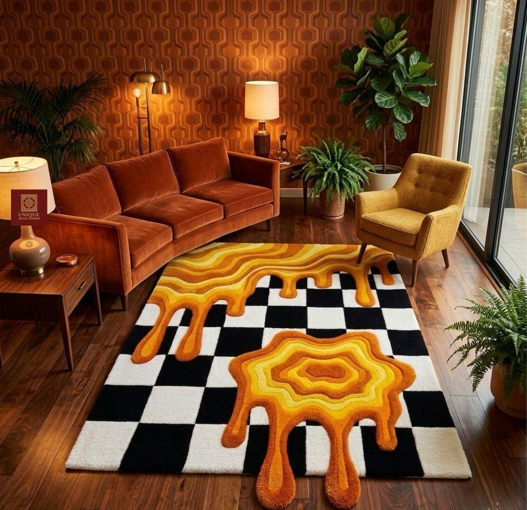 Dripping Rug Retro 70s Melting Checkerboard Rug Hand Tufted Wool Wavy Dripping Area ...