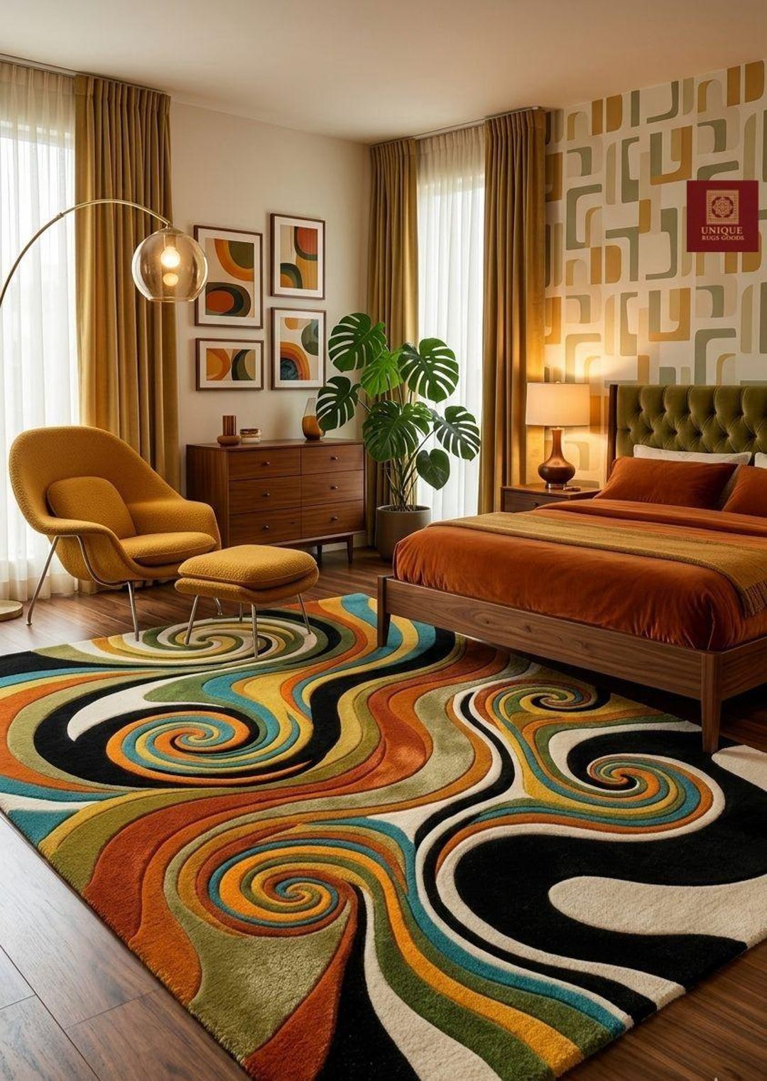 Large Mid Century Modern Hand Tufted Wool Rug -groovy 70s Retro Swirl ...
