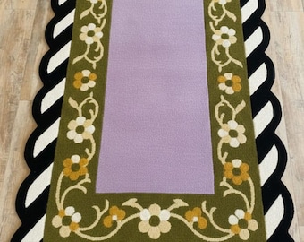 Hand Tufted Scalloped Rug - Purple and Olive Green Floral Area Rug - Custom Wavy Border Rug for Bedroom - Aesthetic Flower Carpet  100% Wool