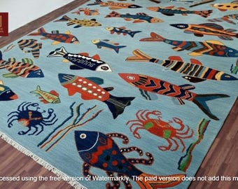 Hand Knotted Fish Area Rug, 100% Wool Nautical Carpet for Kids Room, Blue Coastal Home Decor, Unique Marine Life Rug,Handmade Nursery Carpet