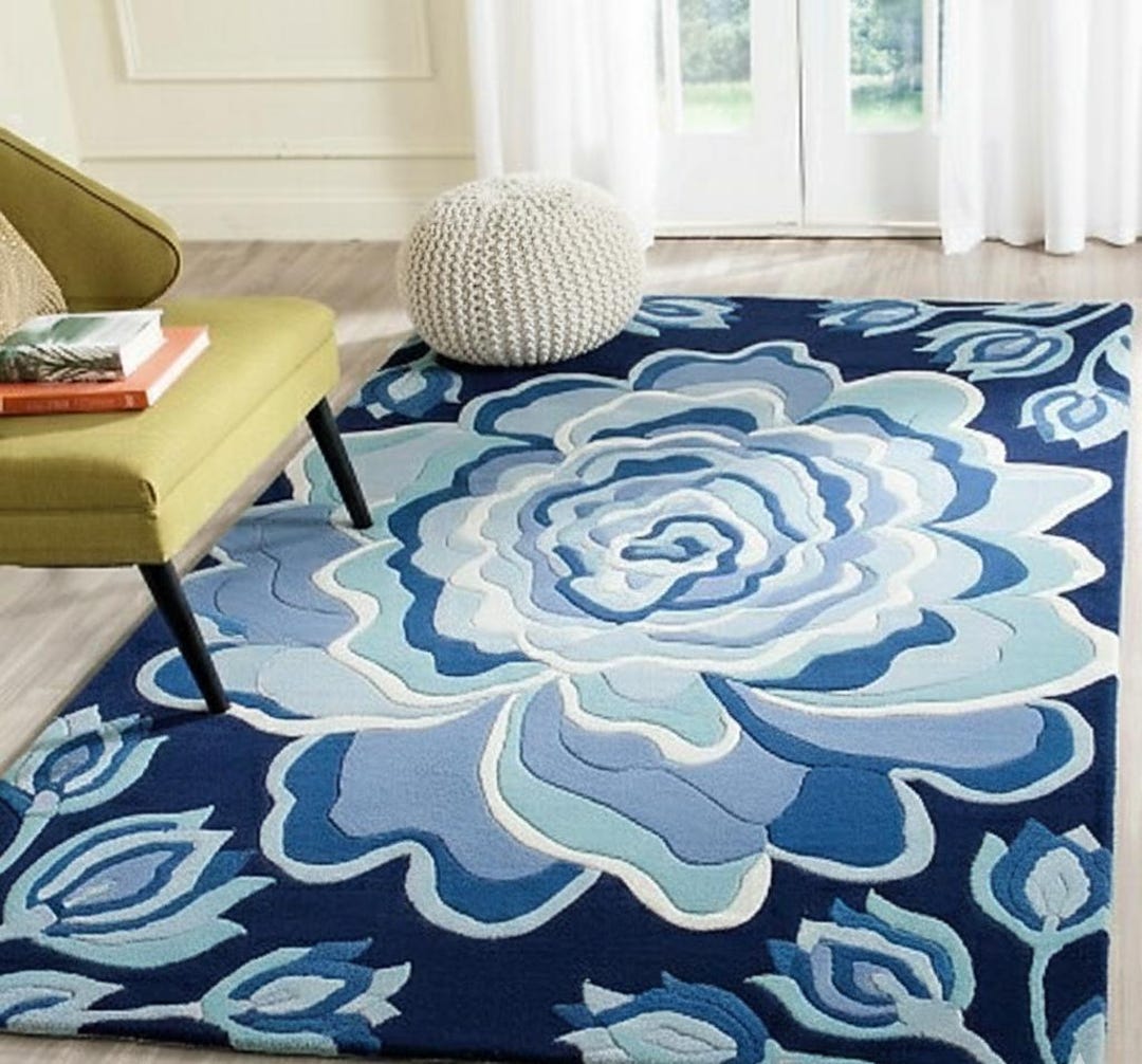 Hand Tufted Wool Round Rug, Navy Blue and Teal Geometric Area Rug - Etsy