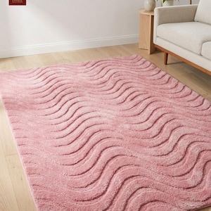 Pink Wavy Tufted Wool Rug, 1970s Retro Groovy Area Rug, Soft Cute 3D Wave Pattern Carpet, Custom Mid Century Modern Rug for Living Room