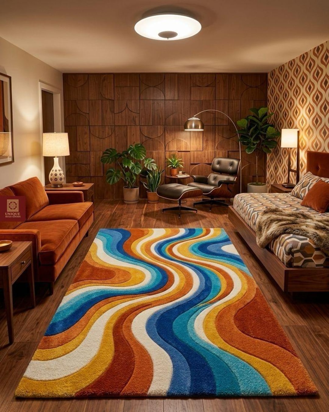 Retro 70s Wavy Area Rug, Mid Century Modern Tufted Wool Carpet, Groovy ...