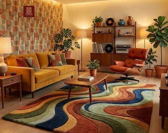 May include: A retro-style living room with a mustard yellow sofa, a patterned rug in shades of orange, green, and blue, and a brown leather armchair. The room is decorated with plants, wooden furniture, and vintage decor, creating a warm and inviting atmosphere.