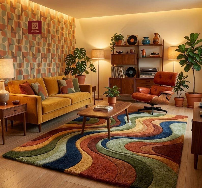Retro 70s Wavy Rug, Hand Tufted Wool Area Rug, Mid Century Modern 3D ...