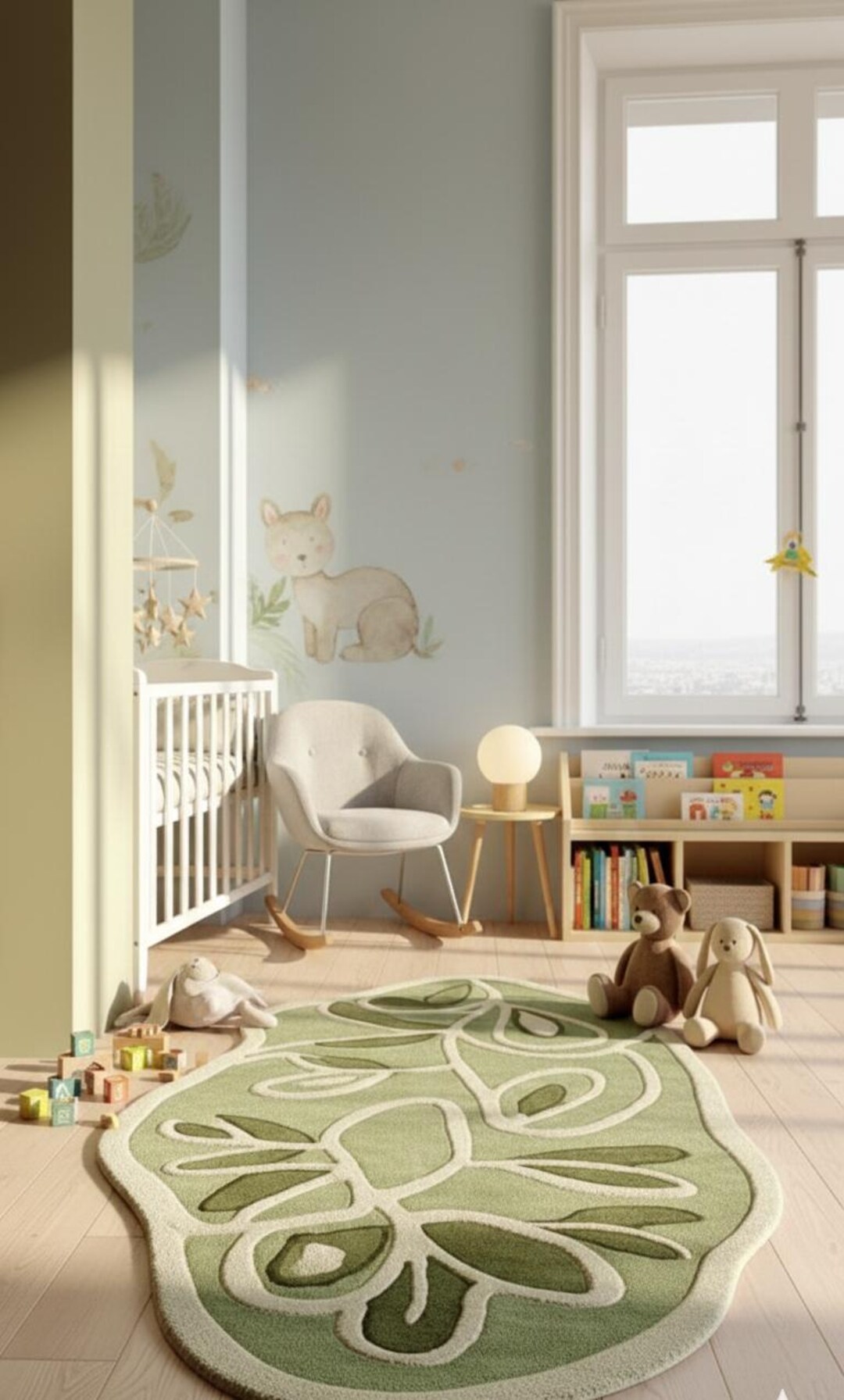 Hand Tufted Sage Green Leaf Rug, Irregular Shaped Wool Nursery Carpet ...