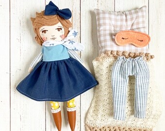 Handmade doll: heirloom doll with light brown hair, bespoke doll with accessories