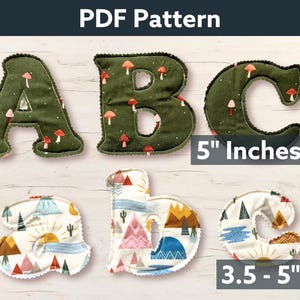 Op de afbeelding: Stoffen letters A, B en C in groen met paddenstoelpatronen, en a, b en c met landschapspatronen. De letters zijn 12,7 cm en 8,9-12,7 cm hoog. De afbeelding bevat de tekst "PDF Pattern".