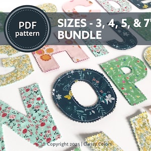 Puede incluir: Letras de tela con estampados florales en verde, rosa y amarillo. Las letras miden 7.6, 10.2, 12.7 y 17.8 cm. La imagen incluye el texto "PDF pattern" y "BUNDLE".