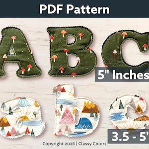 May include: A set of fabric letters including uppercase A, B, and C in a dark green mushroom print, and lowercase a, b, and c in a multi-coloured mountain and sun print. The uppercase letters are 5 inches tall, and lowercase are 3.5 to 5 inches tall.