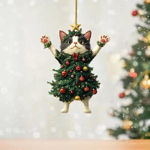 Funny Cat Christmas Ornament: Acrylic Kitty Tree Decoration