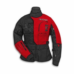May include: Black and red motorcycle jacket with the word "DUCATI" printed on the chest. The jacket features multiple pockets, zippers, and adjustable straps. Designed for motorcycle riding and protection.