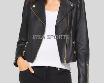 Women’s Black Lambskin Leather Jacket | Gold Zip & Button Biker Jacket | Genuine Leather Gift for Her | Stylish Women’s Leather Outerwear