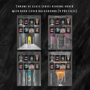 May include: Four digital prints showing the "Throne of Glass" series reading order with book cover backgrounds. Each print features book covers and a list of titles. The text "Throne of Glass Series Reading Order" is at the top.