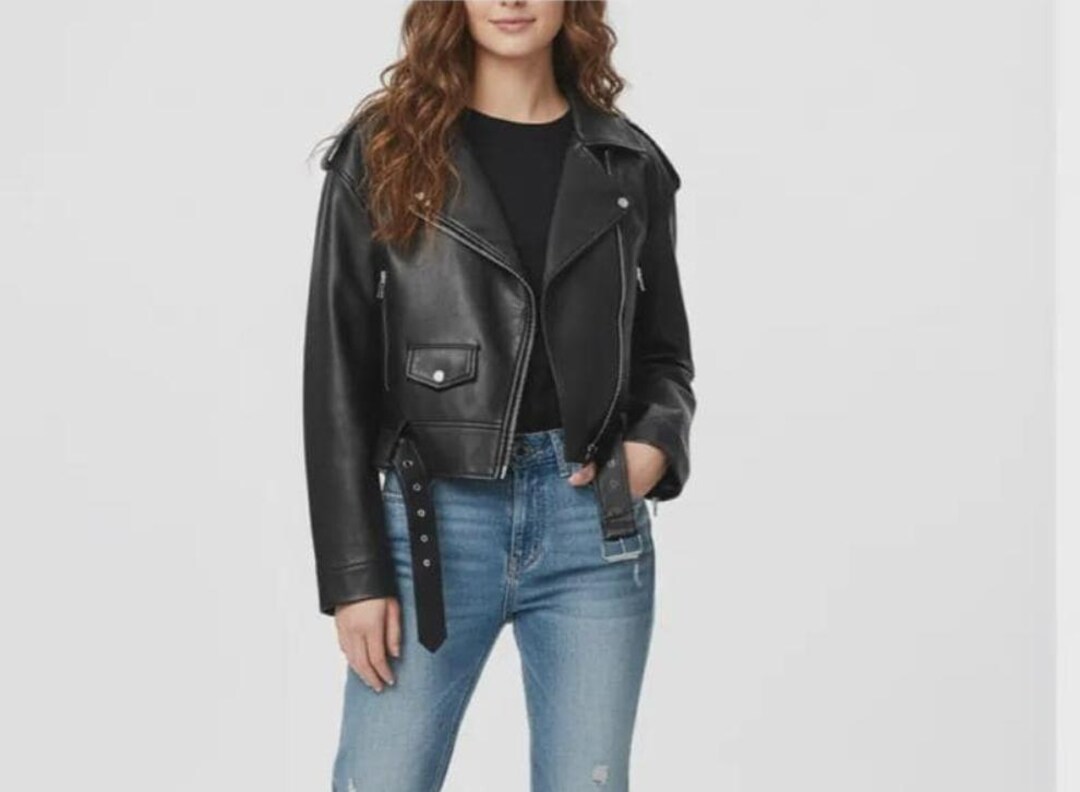 レディース ブラック クロップド レザー バイカー ジャケット