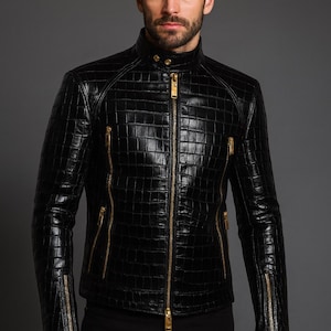 Men’s Luxury Black Crocodile-Embossed Leather Jacket with Gold Zippers – Designer Slim Fit Style
