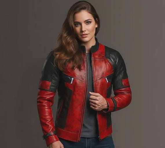 Handmade Red and Black Leather Moto Jacket: Women's Biker Style