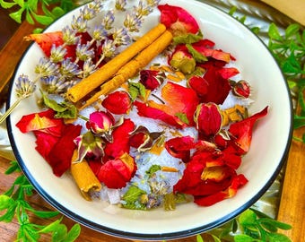 Red Love Spell Bath Salt Mix Rose pedals Cinnamon sticks Herbs spices Epsom Salt seeking lover or  current partner