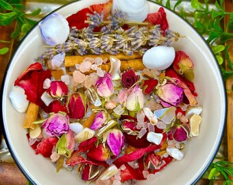 Pink Beauty Spell Bath Salt Mix Rose pedals Herbs spices Epsom Salt Pink Himalayan Sea Shells Mermaid Ocean Energy