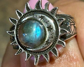 Labradorite S925 Silver Flash Authentic Crystal iridescent Gemstone S 925 Ring Size 7 & 9 New Sun Moon Stars Celestial