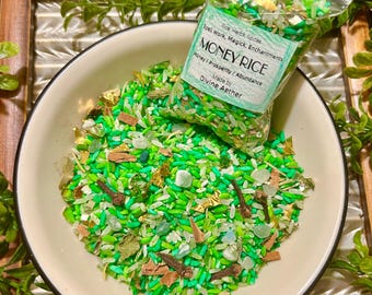 Green Money Drawing Rice: Enchanted Green Abundance Spell Herbs Spices Crystals