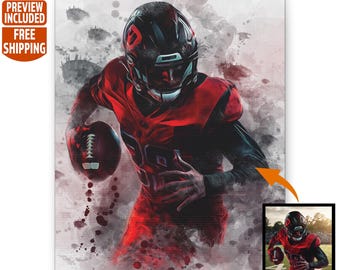 May include: Canvas art print of a football player in a red uniform, running with the ball. The artwork has a watercolor effect with red and black tones. The player wears a black helmet. A small image of the player is in the bottom right corner.