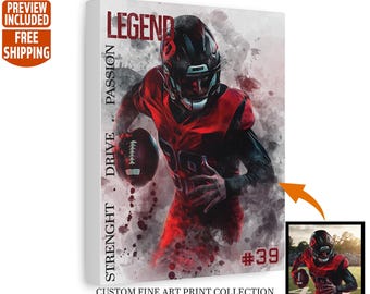 May include: A rectangular canvas print featuring a football player in a red and black uniform holding a football. The text LEGEND, PASSION, DRIVE, STRENGTH, and the number 39 are printed on the artwork. The design includes a watercolor effect.